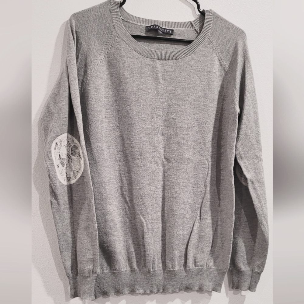 Gray sweater with lace elbow accent